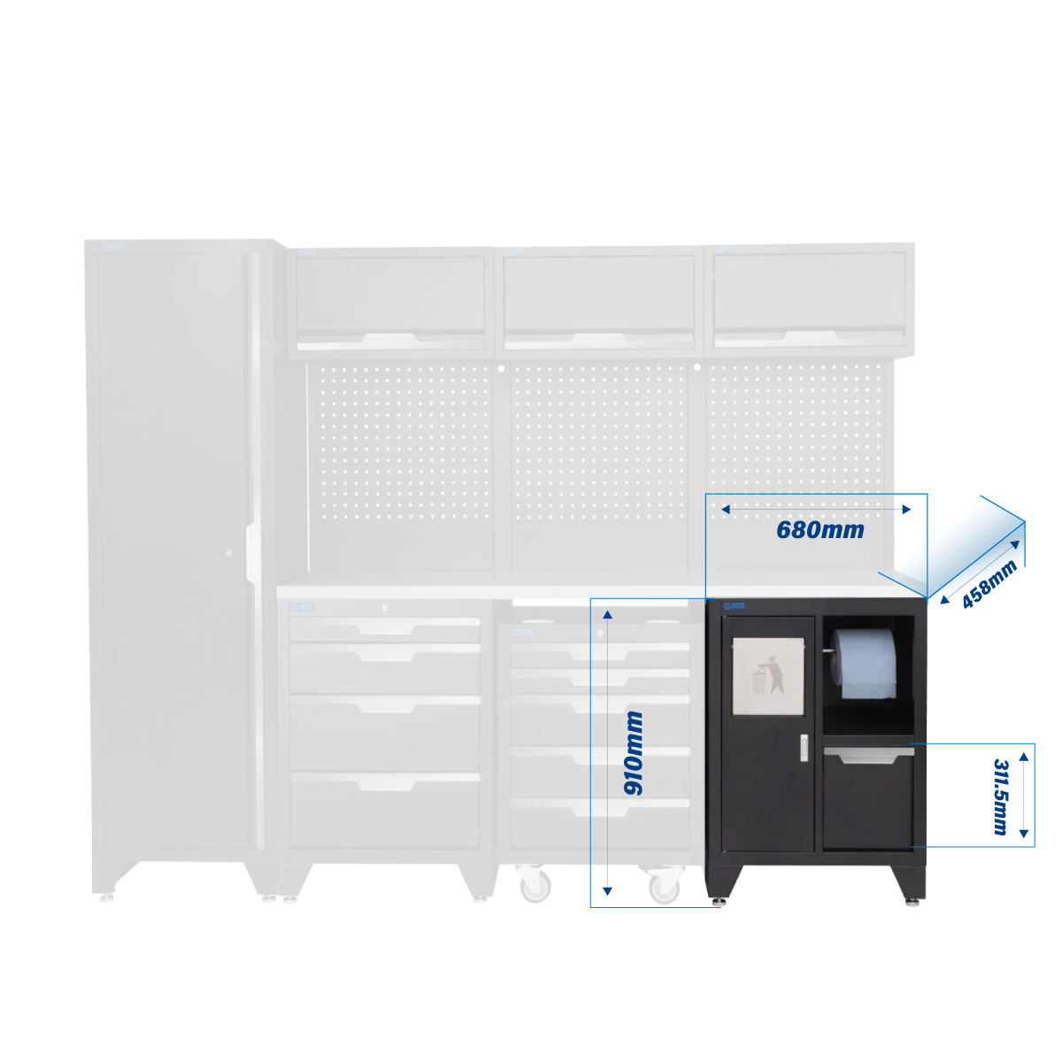 SGS 10pc Modular Garage Storage | 9 Drawers | Stainless Steel Worktop | Tall Single Cabinet | Bin Unit | Mobile Cabinet | 3x Upper Cabinets